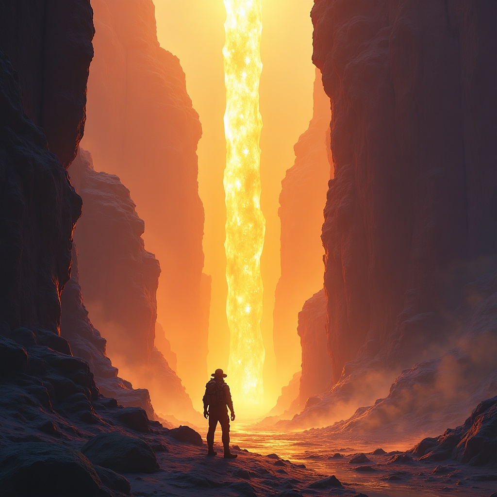 Epic concept art of an explorer at a glowing crystal canyon, generated by Lyra