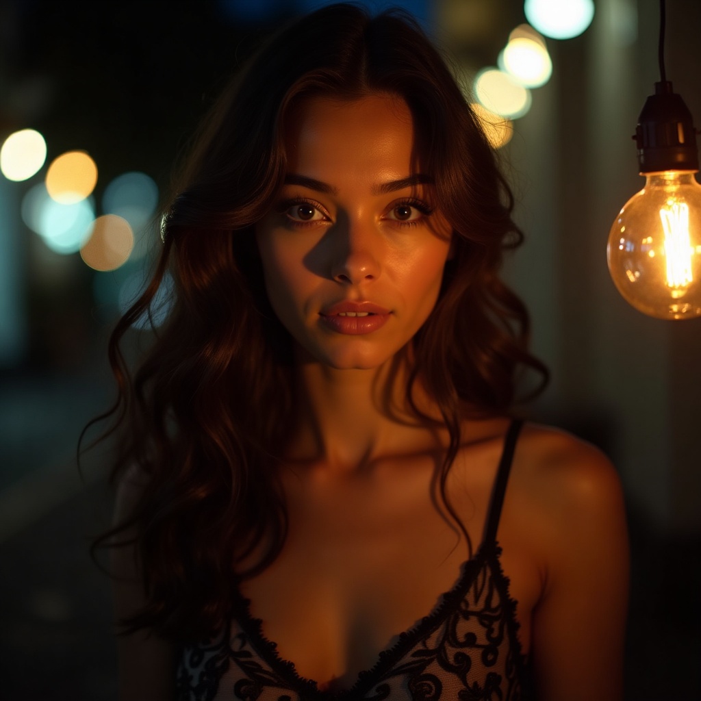 Cinematic photoreal portrait of a woman with bokeh lights, generated by Lyra